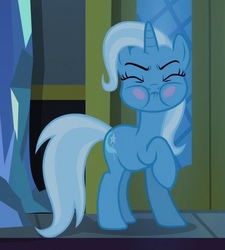 Size: 518x576 | Tagged: safe, screencap, trixie, pony, unicorn, g4, to where and back again, :i, blushing, cropped, eyes closed, female, mare, puffy cheeks, solo, standing