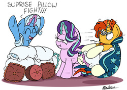 Size: 2221x1583 | Tagged: safe, artist:bobthedalek, starlight glimmer, sunburst, trixie, pony, unicorn, g4, derail in the comments, female, inconvenient trixie, magic, male, mare, misspelling, pillow, pillow fight, simple background, stallion, unamused, white background