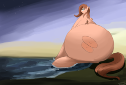 Size: 3496x2362 | Tagged: safe, artist:taurson, oc, oc only, oc:bagel, oc:coffee, pegasus, pony, beach, giant pony, high res, huge butt, impossibly large butt, large butt, looking up, macro, ocean, sand, sitting, stars