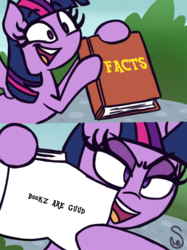 Size: 760x1015 | Tagged: safe, artist:quarium edits, twilight sparkle, alicorn, pony, g4, bipedal, book, ed edd n eddy, exploitable meme, meme, op is right, spread wings, that pony sure does love books, twilight sparkle (alicorn), twilight's fact book, wings