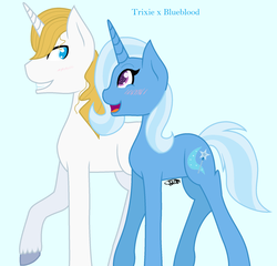 Size: 1024x985 | Tagged: safe, artist:gigi-61, prince blueblood, trixie, g4, blue background, blushing, female, male, ship:bluetrix, shipping, simple background, straight