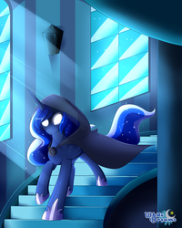 Size: 4000x5000 | Tagged: safe, artist:xwhitedreamsx, princess luna, alicorn, pony, g4, absurd resolution, castle, clothes, crepuscular rays, female, glowing eyes, solo, stairs