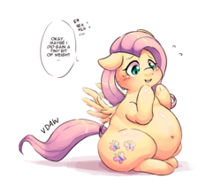 Size: 1600x1400 | Tagged: safe, alternate version, artist:verydefinitelyawolf, fluttershy, pegasus, pony, belly, belly button, big belly, embarrassed, fat, fattershy, female, mare, simple background, solo, weight gain, white background