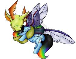Size: 1013x788 | Tagged: safe, artist:birdsarecool, thorax, oc, oc:medwing, changedling, changeling, g4, canon x oc, cute, ear fluff, gay, glasses, king thorax, male, medax, snuggling, thorabetes