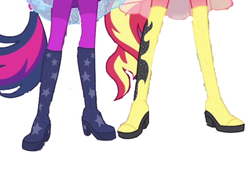 Size: 2048x1536 | Tagged: safe, artist:php77, edit, edited screencap, screencap, sci-twi, sunset shimmer, twilight sparkle, equestria girls, equestria girls specials, g4, my little pony equestria girls: better together, my little pony equestria girls: forgotten friendship, background removed, boots, high heel boots, legs, pictures of legs, ponied up, ponytail, shoes, simple background, stars, white background