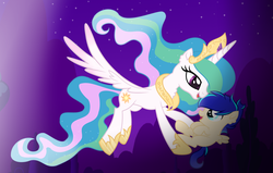 Size: 1024x653 | Tagged: safe, artist:starglaxy, princess celestia, oc, oc:prince james, pegasus, pony, g4, adopted offspring, colt, female, flying, male, momlestia, mother and son