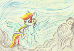 Size: 2500x1749 | Tagged: safe, artist:pedrohander, rainbow dash, pegasus, pony, g4, female, flying, solo, spread wings, traditional art, wings