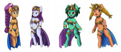 Size: 2500x1080 | Tagged: safe, genie, pony, semi-anthro, clothes, crossover, crown, ear piercing, earring, egyptian, egyptian headdress, egyptian pony, female, jewelry, mare, piercing, ponified, regalia, risky boots, rottytops, shantae, shantae (character), shantae and the pirates curse, shantae the 1/2 genie, sky (shantae), snake princess outfit