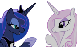 Size: 1709x1057 | Tagged: safe, edit, edited screencap, editor:childofthenight, screencap, fleur-de-lis, princess luna, alicorn, pony, unicorn, g4, horse play, female, looking at each other, mare, not a vector, raised hoof, simple background, talking, transparent background