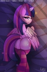 Size: 666x1024 | Tagged: safe, artist:lennonblack, twilight sparkle, alicorn, pony, g4, bedroom eyes, butt, butt freckles, clothes, dock, female, freckles, lip bite, looking back, plot, signature, socks, solo, striped socks, twibutt, twilight sparkle (alicorn)