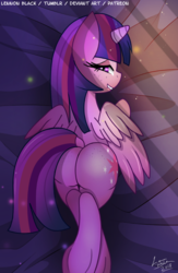 Size: 666x1024 | Tagged: safe, artist:lennonblack, twilight sparkle, alicorn, pony, g4, alternate hairstyle, backwards cutie mark, bedroom eyes, butt, butt freckles, dock, female, freckles, lip bite, looking back, mare, plot, solo, twibutt, twilight sparkle (alicorn)