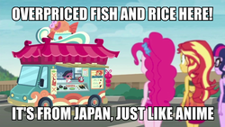 Size: 960x540 | Tagged: safe, edit, edited screencap, screencap, pinkie pie, sunset shimmer, twilight sparkle, equestria girls, g4, clothes, food, image macro, meme, sushi, swimsuit