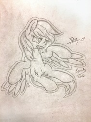 Size: 1500x2000 | Tagged: safe, artist:squeaky-belle, oc, oc only, oc:tridashie, pegasus, pony, atg 2018, flying, newbie artist training grounds, solo, traditional art