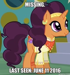 Size: 600x646 | Tagged: safe, edit, edited screencap, screencap, saffron masala, pony, unicorn, g4, spice up your life, clothes, cropped, ear piercing, earring, female, image macro, jewelry, mare, meme, memeful.com, missing, piercing, smiling, solo