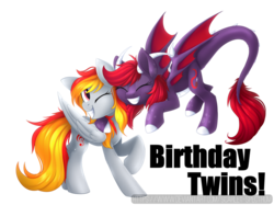 Size: 1024x766 | Tagged: safe, artist:scarlet-spectrum, oc, oc:scarlet spectrum, oc:tridashie, dracony, hybrid, pegasus, pony, birthday, birthday gift, digital art, duo, eyes closed, female, flying, happy, mare, one eye closed, signature, simple background, smiling, text, transparent background