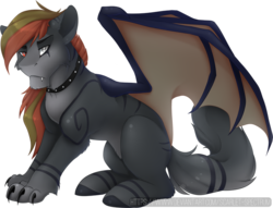 Size: 770x588 | Tagged: safe, artist:scarlet-spectrum, oc, oc only, oc:zorah, cat pony, hybrid, original species, pony, amputee, art trade, bushy tail, cat tail, claws, digital art, fangs, female, heterochromia, mare, missing limb, one wing, paws, signature, simple background, solo, transparent background