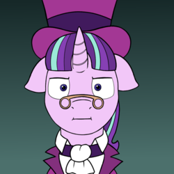 Size: 750x750 | Tagged: safe, artist:redquoz, snowfall frost, starlight glimmer, pony, unicorn, g4, atg 2018, female, floppy ears, frozen, hat, looking at you, mare, newbie artist training grounds, solo, spectacles, top hat