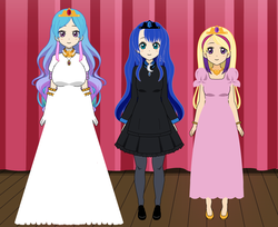 Size: 881x720 | Tagged: safe, artist:roseprincessmitia, princess cadance, princess celestia, princess luna, human, g4, alternate hairstyle, bracelet, clothes, crown, dress, female, flats, gloves, humanized, jewelry, kisekae, necklace, regalia, royal sisters, sisters, socks, stockings, thigh highs, trio