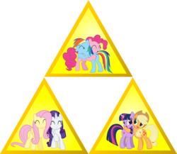 Size: 1180x1024 | Tagged: safe, applejack, fluttershy, pinkie pie, rainbow dash, rarity, twilight sparkle, g4, female, lesbian, meme, ship:flarity, ship:pinkiedash, ship:twijack, shipping, simple background, the legend of zelda, transparent background, triforce, triforce shipping, triforce shipping meme