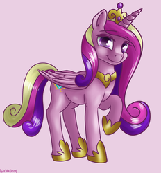 Size: 1510x1630 | Tagged: safe, artist:kelkessel, princess cadance, alicorn, pony, g4, crown, cute, cutedance, eyeshadow, female, hoof shoes, horn, jewelry, looking at you, makeup, mare, raised hoof, regalia, simple background, smiling, solo, wings