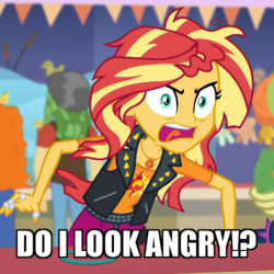 Size: 500x500 | Tagged: safe, edit, edited screencap, screencap, carrot top, golden harvest, sandalwood, sunset shimmer, equestria girls, equestria girls specials, g4, my little pony equestria girls: better together, my little pony equestria girls: rollercoaster of friendship, tanks for the memories, angry, cropped, do i look angry, female, geode of empathy, it's not about the parakeet, meme