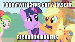 Size: 960x540 | Tagged: safe, edit, edited screencap, screencap, applejack, peachy sweet, red gala, twilight sparkle, earth pony, pony, unicorn, friendship is magic, g4, apple family member, image macro, meme, puffy cheeks, richard nixon, unicorn twilight