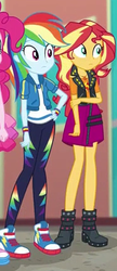 Size: 187x431 | Tagged: safe, screencap, rainbow dash, sunset shimmer, equestria girls, equestria girls specials, g4, my little pony equestria girls: better together, my little pony equestria girls: rollercoaster of friendship, boots, clothes, converse, cropped, female, geode of empathy, geode of super speed, high heel boots, jacket, magical geodes, pants, shoes, skirt, sneakers