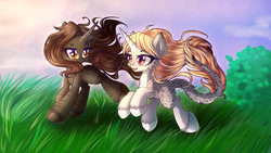 Size: 3840x2160 | Tagged: safe, artist:chaosangeldesu, oc, oc only, oc:alexis, oc:neysa, big cat, pony, snow leopard, unicorn, duo, female, grass, high res, mare, trotting, wallpaper