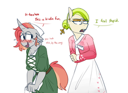 Size: 946x687 | Tagged: safe, artist:redxbacon, oc, oc only, oc:golden keylime, oc:scribble snug, changeling, anthro, changeling oc, clothes, disguise, disguised changeling, duo, female, hanbok