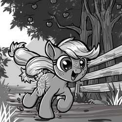 Size: 1000x1000 | Tagged: safe, artist:harwick, applejack, earth pony, pony, g4, apple tree, cute, cutiespark, female, fence, filly, filly applejack, happy, jackabetes, monochrome, open mouth, running, solo, tree, younger