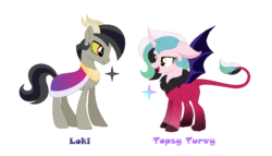 Size: 1070x614 | Tagged: safe, artist:hazardous-andy, oc, oc only, oc:loki, oc:topsy turvy, draconequus, hybrid, pony, base used, brother and sister, cape, clothes, cloven hooves, colored sclera, draconequus oc, duo, female, interspecies offspring, leonine tail, male, offspring, parent:discord, parent:princess celestia, parents:dislestia, simple background, stallion, transparent background