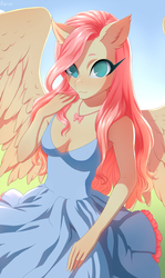 Size: 761x1280 | Tagged: safe, artist:glorious-rarien, fluttershy, pegasus, anthro, g4, breasts, cleavage, clothes, dress, female, mare, solo