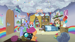 Size: 1280x720 | Tagged: safe, screencap, bow hothoof, scootaloo, windy whistles, cat, dinosaur, dragon, narwhal, stegosaurus, tortoise, g4, parental glideance, balloon, bed, bedroom, blocks, book, bookshelf, camera, castle, globe, musical instrument, piggy bank, pillow, pony toy, poster, rainbow, rubber duck, stars, teddy bear, toy car, tuba