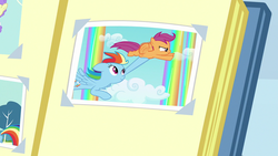 Size: 1280x720 | Tagged: safe, screencap, rainbow dash, scootaloo, g4, parental glideance, sleepless in ponyville, photo, photo album, rainbow, scootalove, scrapbook