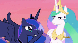 Size: 1200x674 | Tagged: safe, edit, edited screencap, editor:childofthenight, screencap, princess celestia, princess luna, alicorn, pony, a royal problem, g4, season 7, animated, canterlot, canterlot castle, discovery family logo, female, flying, gif, looking at each other, loop, mare, playing tag, poking, raised hoof, reversed, royal sisters, spread wings, unamused, wings