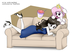 Size: 1400x1000 | Tagged: safe, artist:twilite-sparkleplz, princess celestia, raven, alicorn, human, pony, g4, cewestia, clothes, couch, crown, crying, feet, female, filly, food, high heels, humanized, ice cream, jewelry, mare, pink-mane celestia, regalia, shoes, simple background, spoon, white background, younger