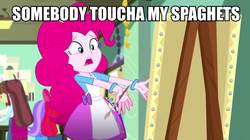 Size: 960x539 | Tagged: safe, edit, edited screencap, screencap, pinkie pie, equestria girls, g4, my little pony equestria girls: summertime shorts, the art of friendship, dead meme, image macro, meme, somebody toucha my spaghet