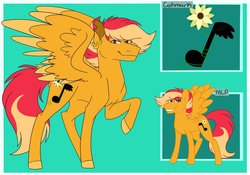 Size: 1024x715 | Tagged: safe, artist:colourstrike, oc, oc only, oc:chrysanthos, pegasus, pony, ear piercing, earring, fangs, green background, jewelry, male, offspring, parent:big macintosh, parent:fluttershy, parents:fluttermac, piercing, raised hoof, reference sheet, simple background, solo, stallion, torn ear
