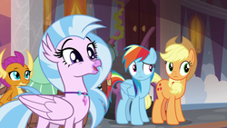 Size: 1280x720 | Tagged: safe, screencap, applejack, rainbow dash, silverstream, smolder, yona, classical hippogriff, dragon, earth pony, hippogriff, pegasus, pony, yak, g4, non-compete clause, season 8, admiration, applejack's hat, cheerful, confused, cowboy hat, cute, diastreamies, dragoness, female, frown, horns, jewelry, looking up, mare, multicolored mane, necklace, obscured face, pearl necklace, ponytail, raised eyebrow, school of friendship, skunk stripe, smiling, stetson, talking, teenager