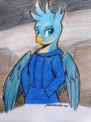 Size: 1280x1711 | Tagged: safe, artist:jcosneverexisted, gallus, griffon, anthro, g4, clothes, hoodie, male, solo, traditional art, wings