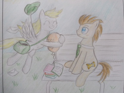 Size: 4096x3072 | Tagged: safe, artist:supercastle, derpy hooves, doctor whooves, time turner, g4, balloon, bench, traditional art