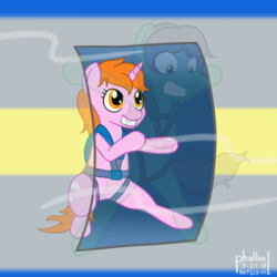 Size: 1000x1000 | Tagged: safe, alternate version, artist:phallen1, derpibooru exclusive, oc, oc only, oc:maya northwind, oc:sadie michaels, aircraft, atg 2018, bipedal, clothes, holding, newbie artist training grounds, panic, parachute, ponified oc, see-through, solo focus, wind