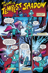 Size: 994x1529 | Tagged: safe, artist:andy price, idw, official comic, glitter drops, tempest shadow, pony, unicorn, g4, spoiler:comic, spoiler:comic68, angry, broken horn, clothes, comic, crying, dramatic, duo, eye scar, female, horn, implied storm king, magic, mare, open up your eyes, scar, scared, scarf, snow, sparking horn, speech bubble, tempest's tale, terrified, yelling