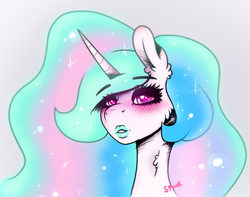 Size: 1306x1029 | Tagged: safe, artist:aaa-its-spook, princess celestia, pony, g4, beautiful, blushing, eyeshadow, female, human lips, lips, lipstick, looking at you, makeup, solo