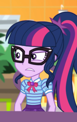 Size: 633x1002 | Tagged: safe, screencap, sci-twi, twilight sparkle, equestria girls, equestria girls specials, g4, my little pony equestria girls: better together, my little pony equestria girls: rollercoaster of friendship, clothes, cropped, female, geode of telekinesis, glasses, ponytail, solo