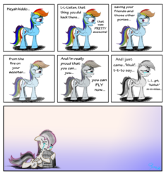Size: 2000x2130 | Tagged: safe, artist:chopsticks, rainbow dash, scootaloo, pegasus, pony, g4, comic, crying, death, dialogue, feels, female, filly, gravestone, heroic sacrifice, high res, hug, mare, sad, scootaloo can fly, stuttering, tearjerker, text