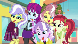 Size: 1920x1080 | Tagged: safe, screencap, diamond tiara, mystery mint, rose heart, upper crust, vignette valencia, equestria girls, equestria girls specials, g4, my little pony equestria girls: better together, my little pony equestria girls: rollercoaster of friendship, clothes, crystal prep academy uniform, faic, me my selfie and i, peace sign, school uniform, silly face, tongue out