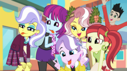 Size: 1920x1080 | Tagged: safe, screencap, diamond tiara, mystery mint, rose heart, upper crust, vignette valencia, equestria girls, equestria girls specials, g4, my little pony equestria girls: better together, my little pony equestria girls: rollercoaster of friendship, clothes, crystal prep academy uniform, peace sign, photobomb, school uniform, silly face, tongue out