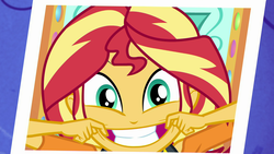 Size: 1920x1080 | Tagged: safe, screencap, sunset shimmer, equestria girls, equestria girls series, g4, rollercoaster of friendship, cute, female, geode of empathy, magical geodes, photo, photo booth (song), shimmerbetes, silly, silly face, smiling, solo, sunset shimmer is best facemaker, when she smiles