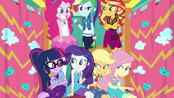 Size: 1920x1080 | Tagged: safe, screencap, applejack, fluttershy, pinkie pie, rainbow dash, rarity, sci-twi, sunset shimmer, twilight sparkle, equestria girls, equestria girls specials, g4, my little pony equestria girls: better together, my little pony equestria girls: rollercoaster of friendship, female, fluttershy boho dress, geode of empathy, geode of fauna, geode of shielding, geode of sugar bombs, geode of super speed, geode of super strength, geode of telekinesis, humane five, humane seven, humane six, magical geodes, photo booth, photo booth (song), rarity peplum dress